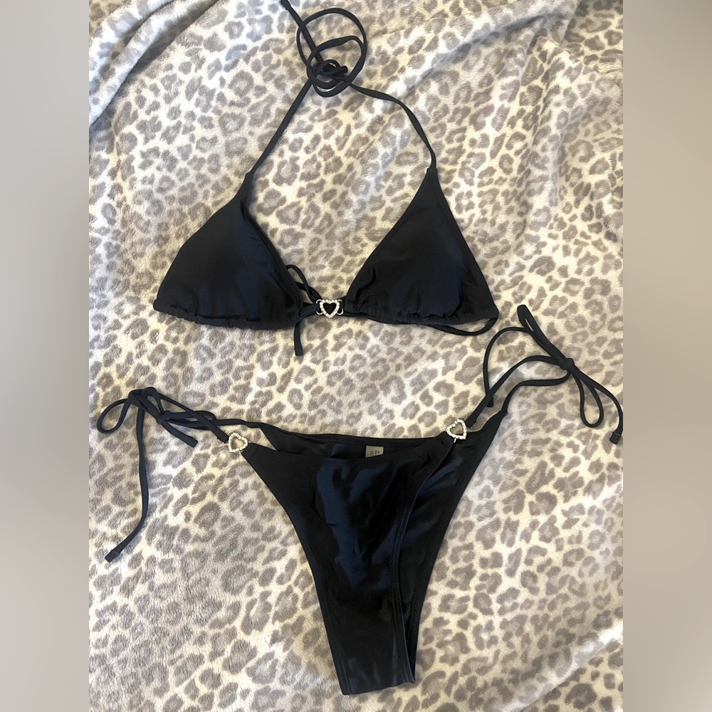Y2K style String Bikini sparkly silver heart detailing color black size Large